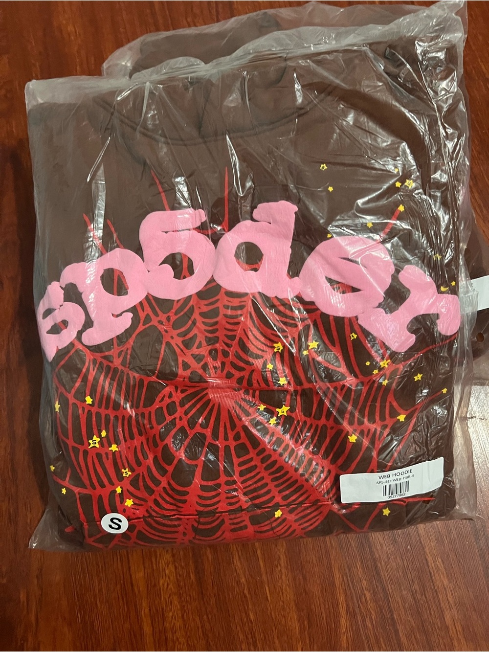 Brown Hoodie with Pink Spooky Logo and Red Web Graphic